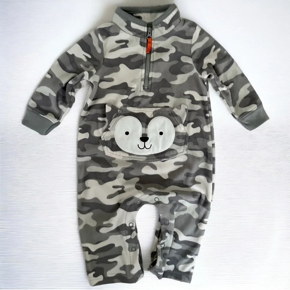 Carter’s Camouflage Fleece 1/4 Zip Jumpsuit One Piece Animal Pocket 3D Ears